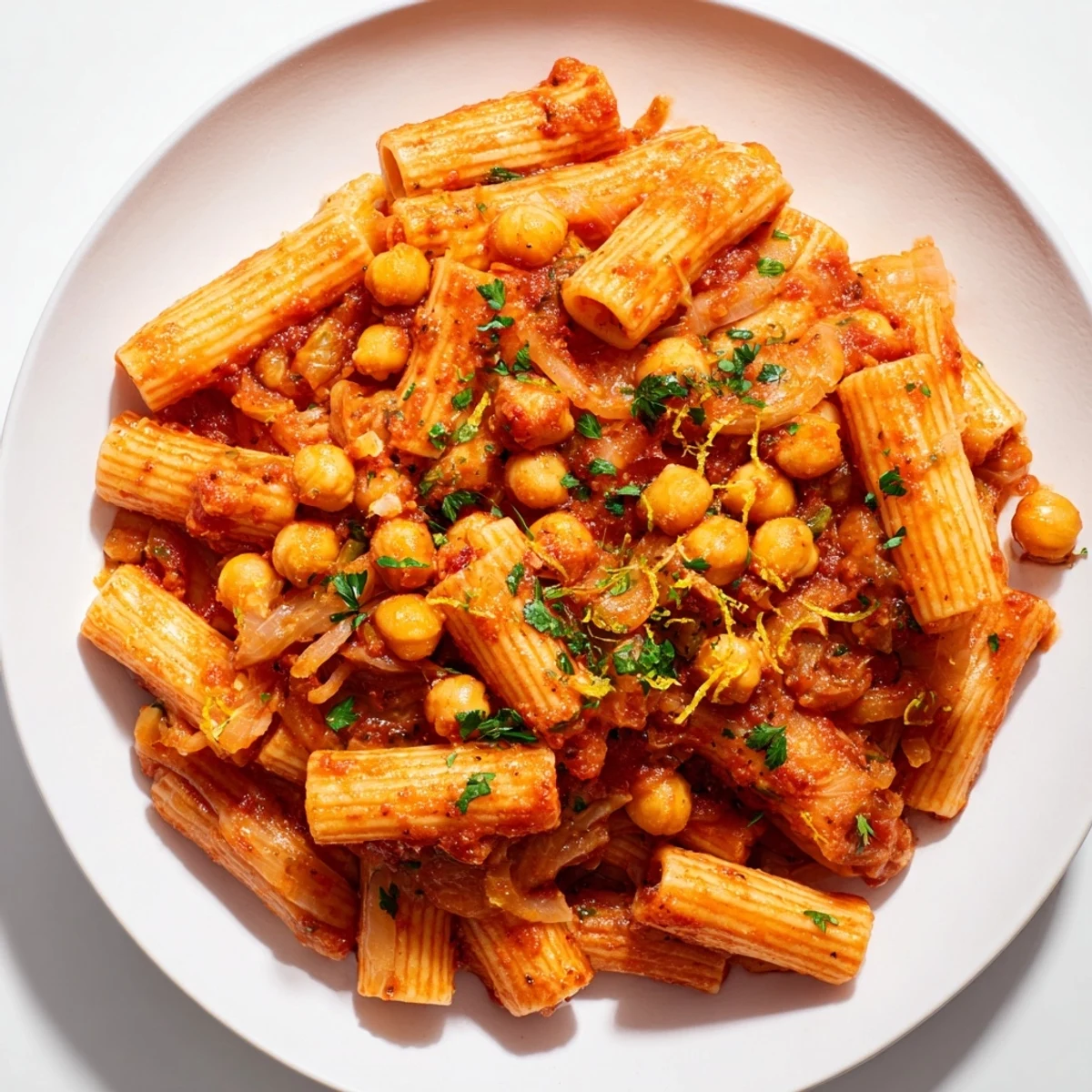 Steaming bowl of Harissa Chickpea Pasta, a vibrant Mediterranean vegetarian meal with crumbled feta.