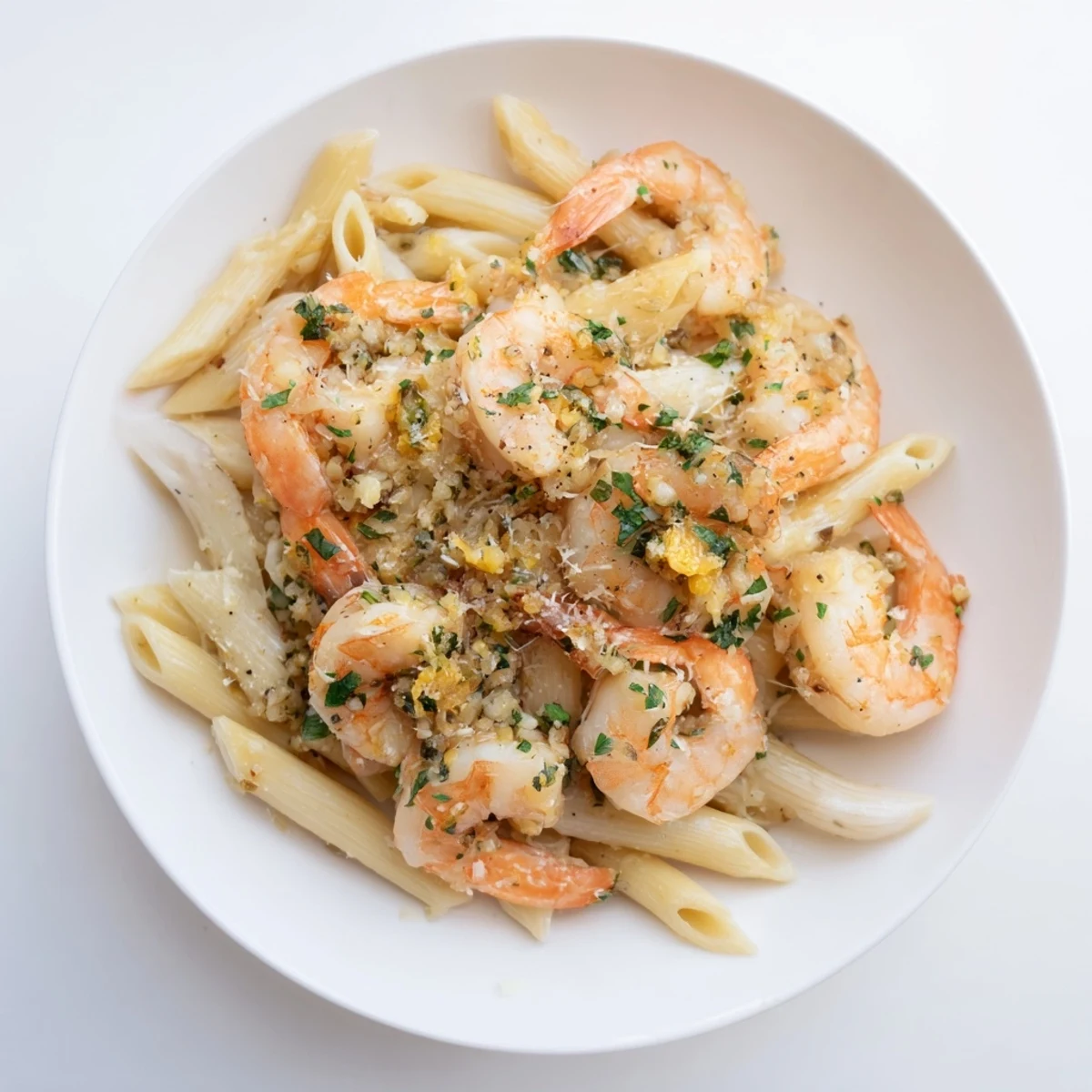 A bowl of Garlic Shrimp Penne, steaming with perfectly cooked shrimp and pasta.