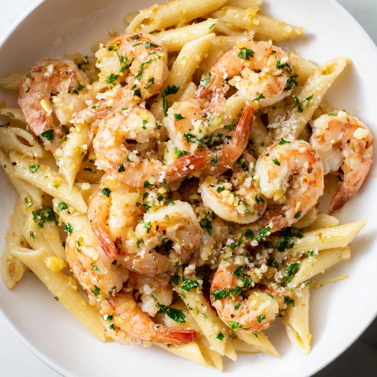 Golden, buttery Garlic Shrimp Penne, ready to serve with Parmesan cheese and fresh parsley.