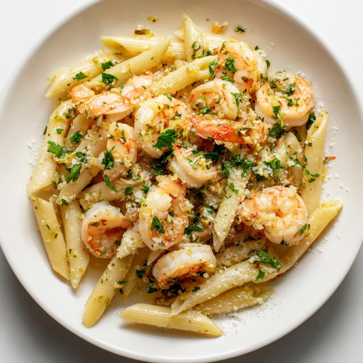 Close-up of savory Garlic Shrimp Penne: a delicious flavorful Italian-American pasta dish.