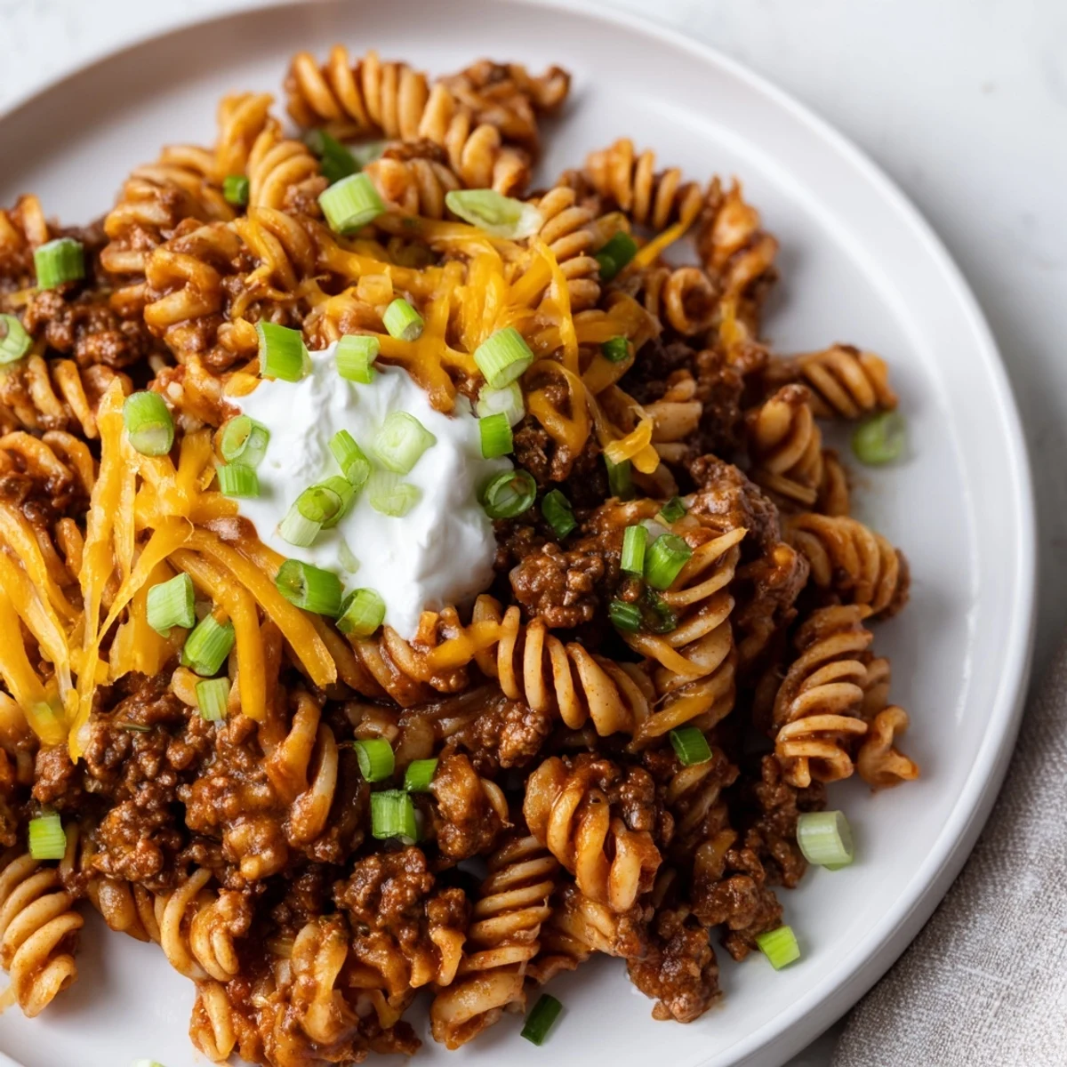 One-Pot Taco Pasta, a bubbling skillet filled with cheese-covered pasta, ground beef, and colorful tomatoes.