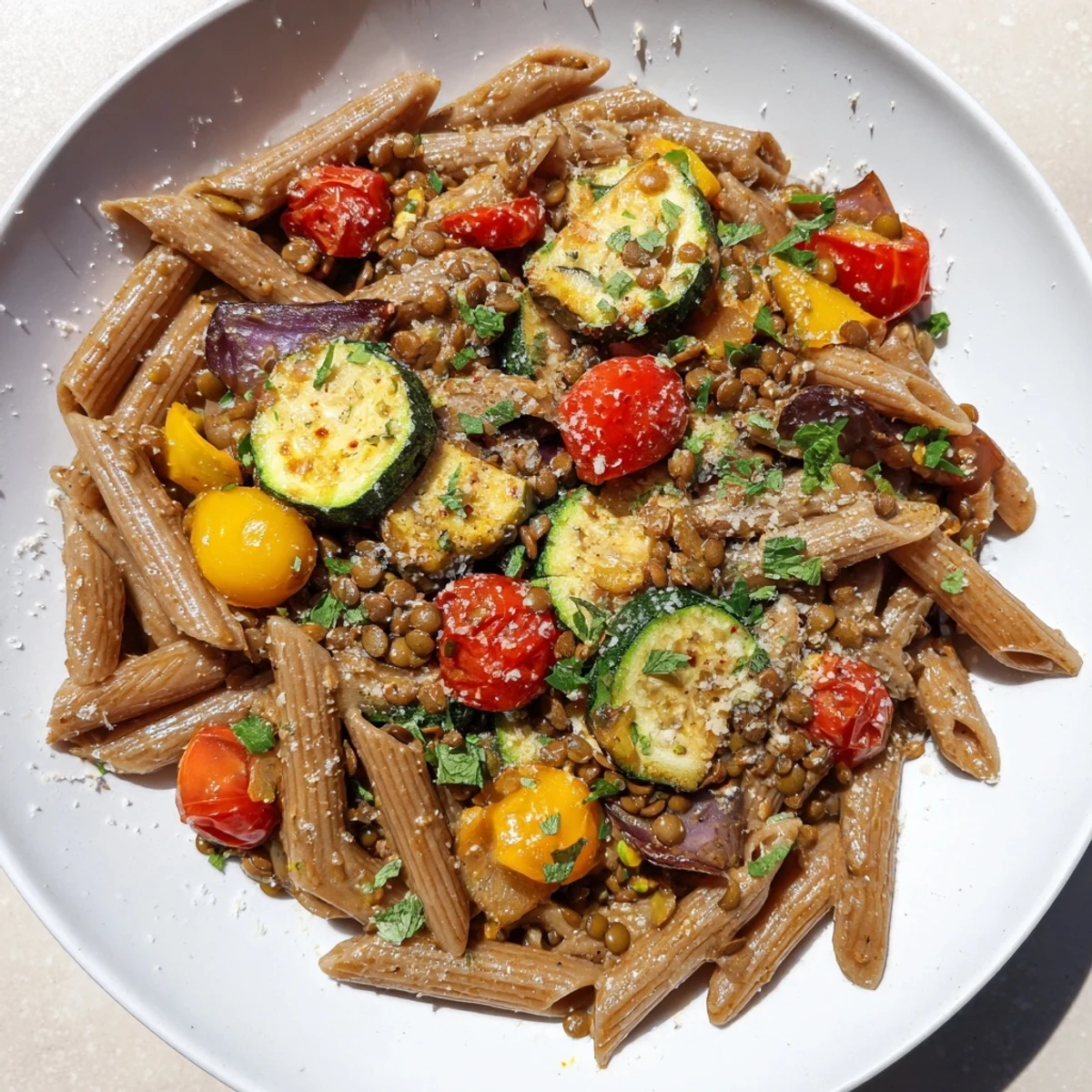 Lentil Pasta with Vegetables, a delicious Mediterranean main dish, overflowing with roasted vegetables.