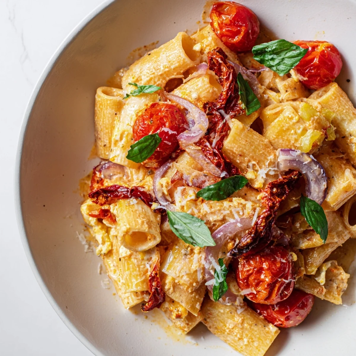 Creamy baked feta pasta with sun-dried tomatoes, a vibrant Mediterranean main course.