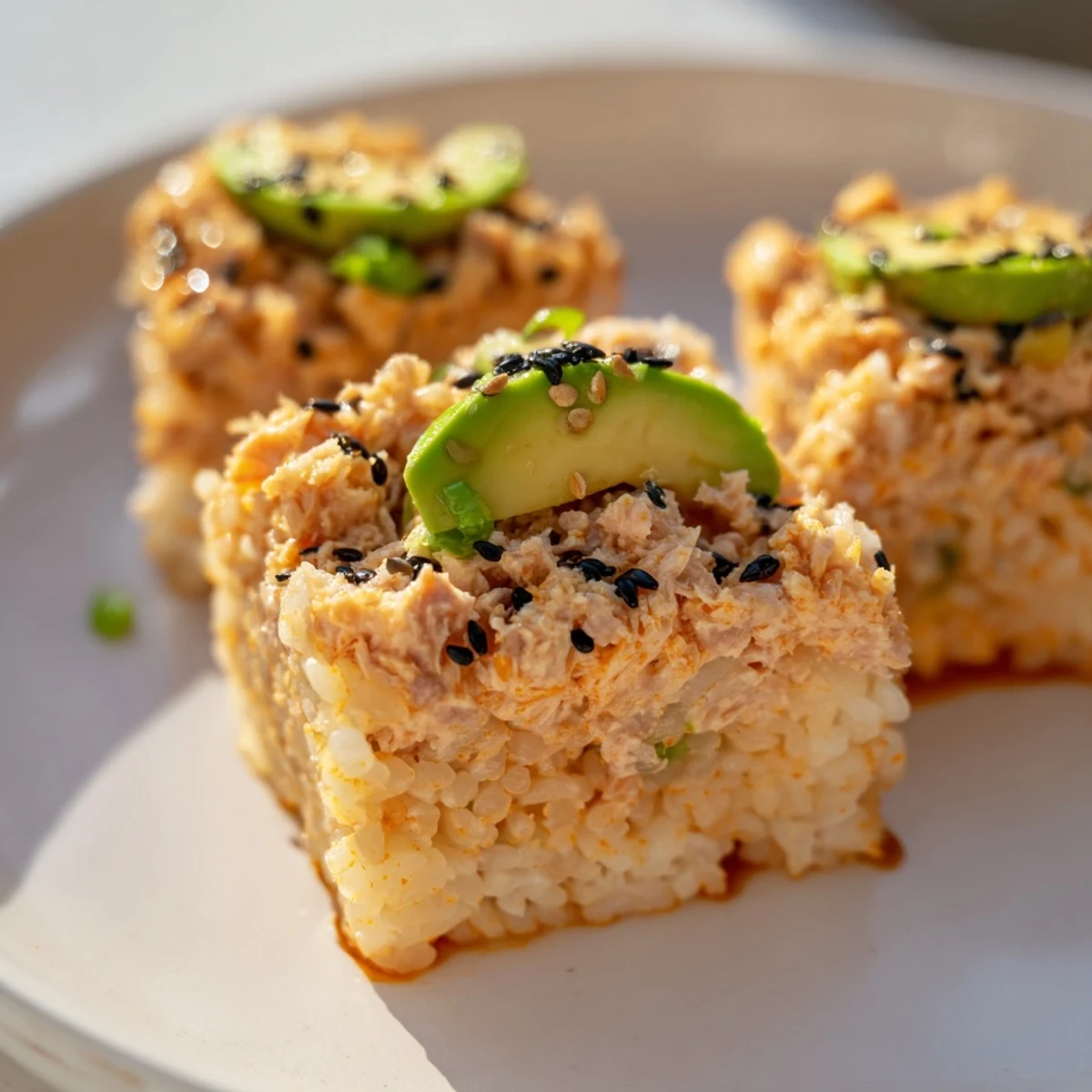 Close-up of crispy, fried Spicy Tuna Crispy Rice squares; a delicious, party-perfect appetizer.