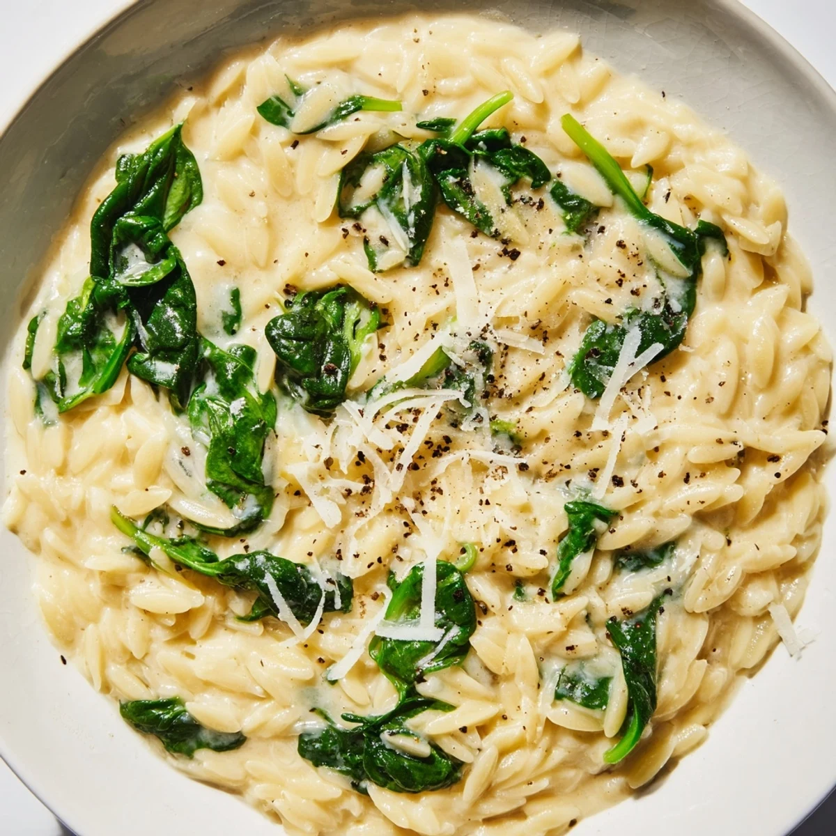 Steaming bowl of creamy spinach orzo, a comforting vegetarian Italian-inspired dish.