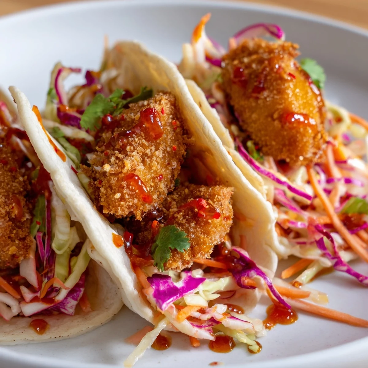 Der köstliche Hot Honey Chicken Tacos-Teller bietet ein buntes Arrangement warmer Tortillas und frischer Kräuter.