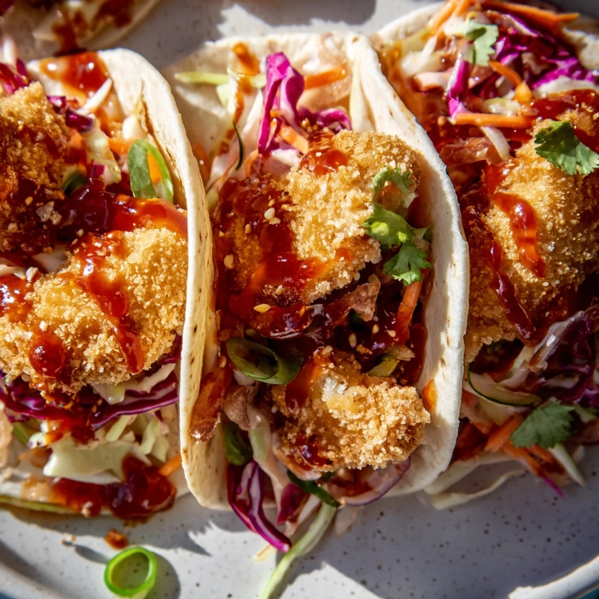 Knusprige Hot Honey Chicken Tacos mit scharfer Honigglasur und cremiger Krautsalat-Topping.