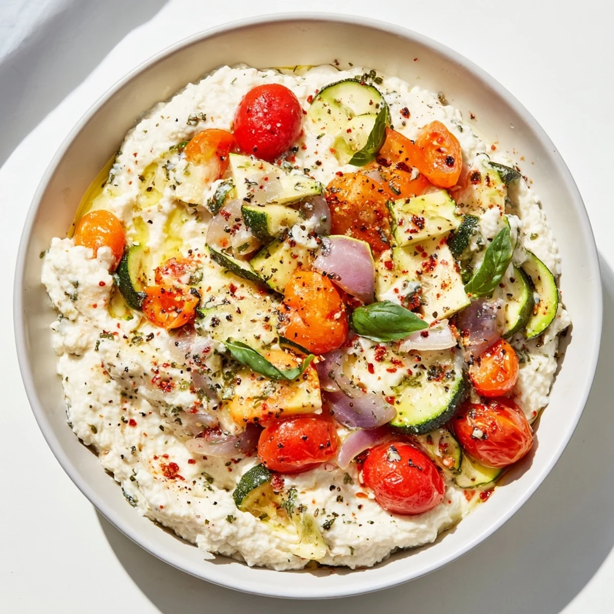 Wholesome Baked Feta Pasta 2.0, served, highlighting whole-grain pasta and fresh, colorful basil.