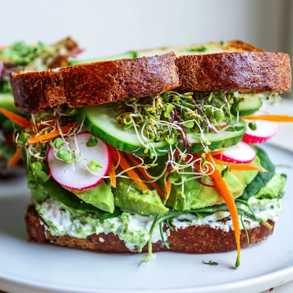 Creamy Green Goddess Sandwich overflowing with fresh veggies, perfect for a vibrant lunch.