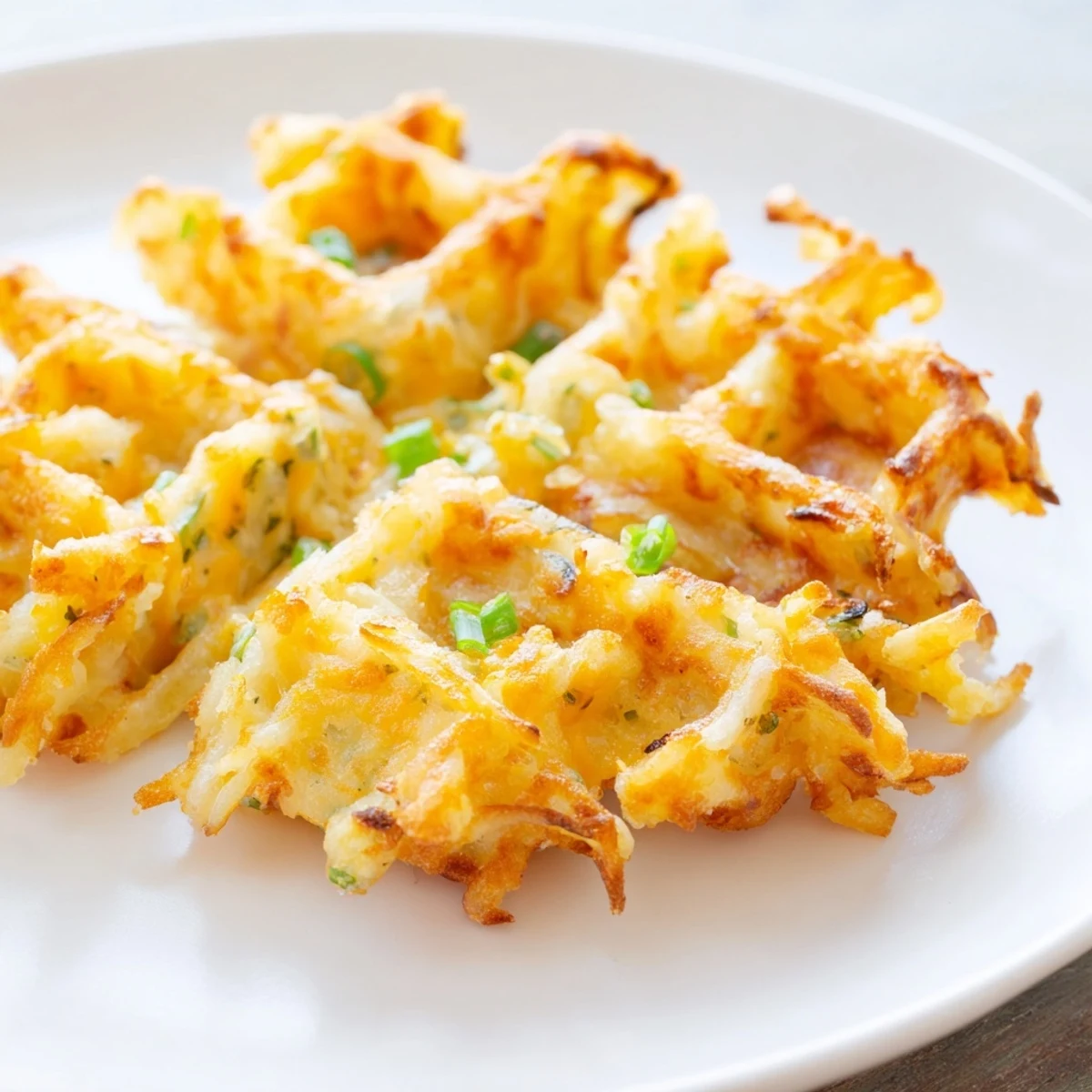 Knusprige, golden gebratene Cheesy Hash Brown Waffles, serviert mit frischem Schnittlauch und Sauerrahm.