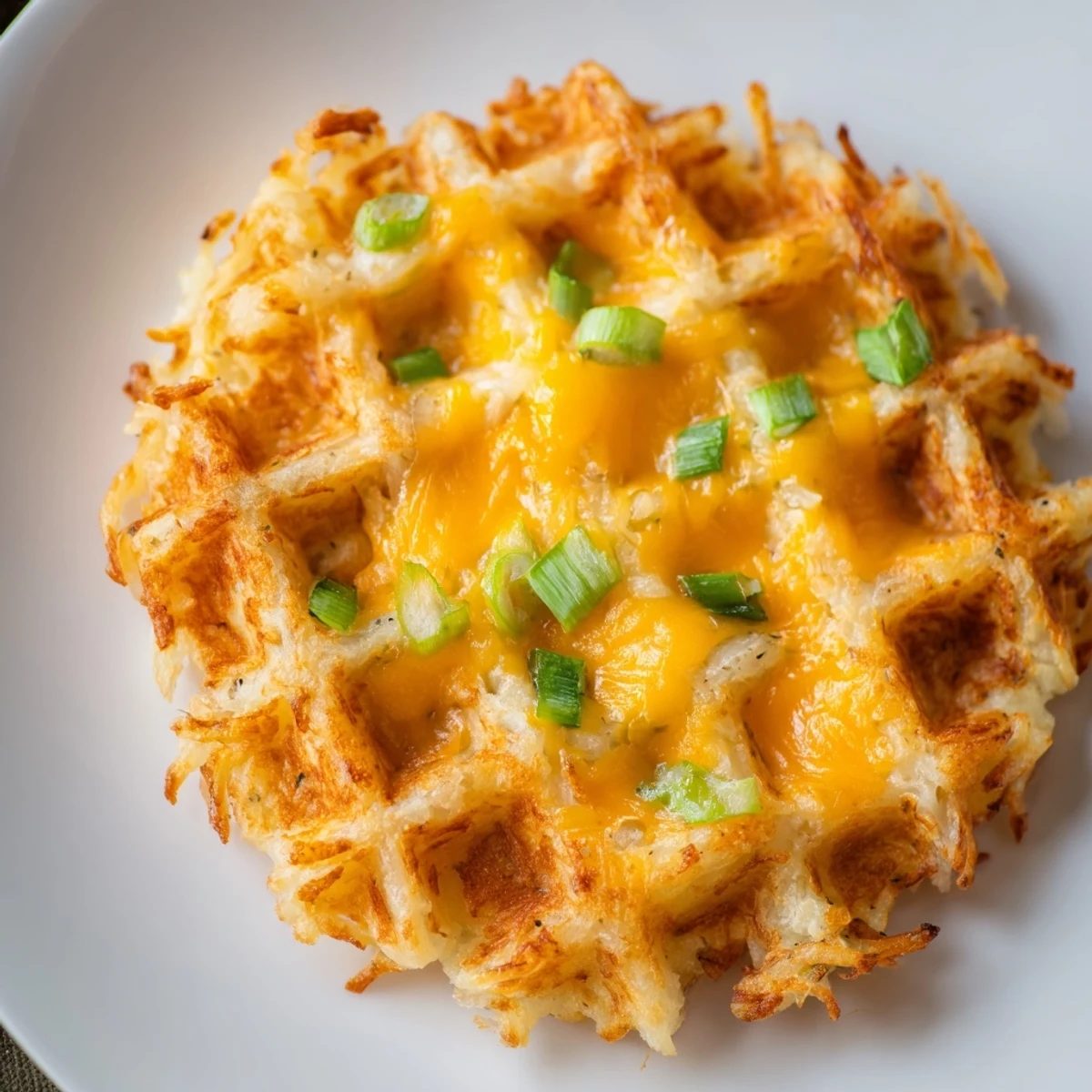 Eine Nahaufnahme von perfekt zubereiteten Cheesy Hash Brown Waffles, dampfend und bereit für den Genuss.