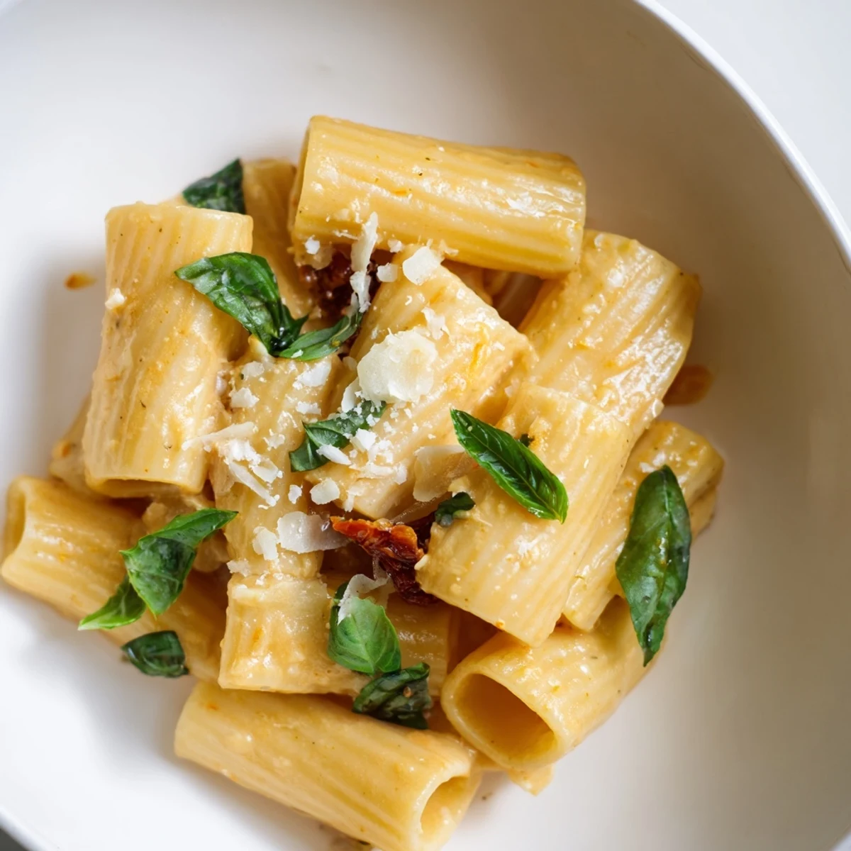 A close-up shot of Creamy Sun-Dried Tomato Pasta, rich with Parmesan, and ready to eat.