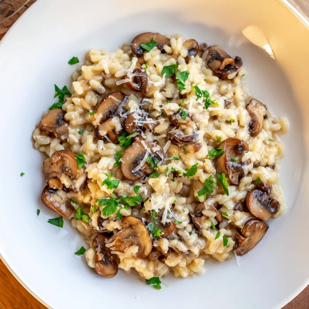 Creamy mushroom risotto, a close-up showing the rich, savory dish before serving.