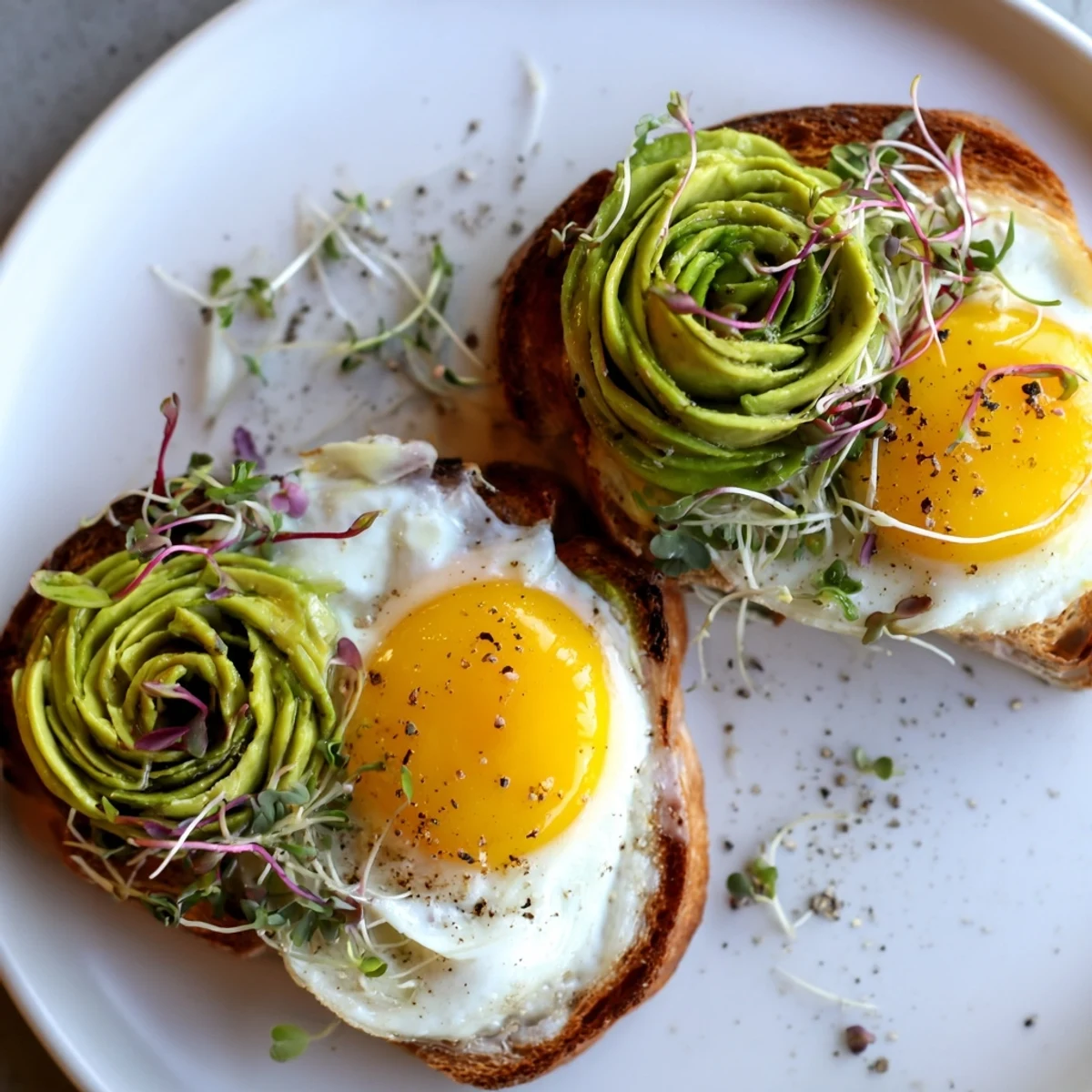 Fluffy Cloud Toast 2.0 with golden egg whites, avocado roses, and drizzled honey, ready to eat.