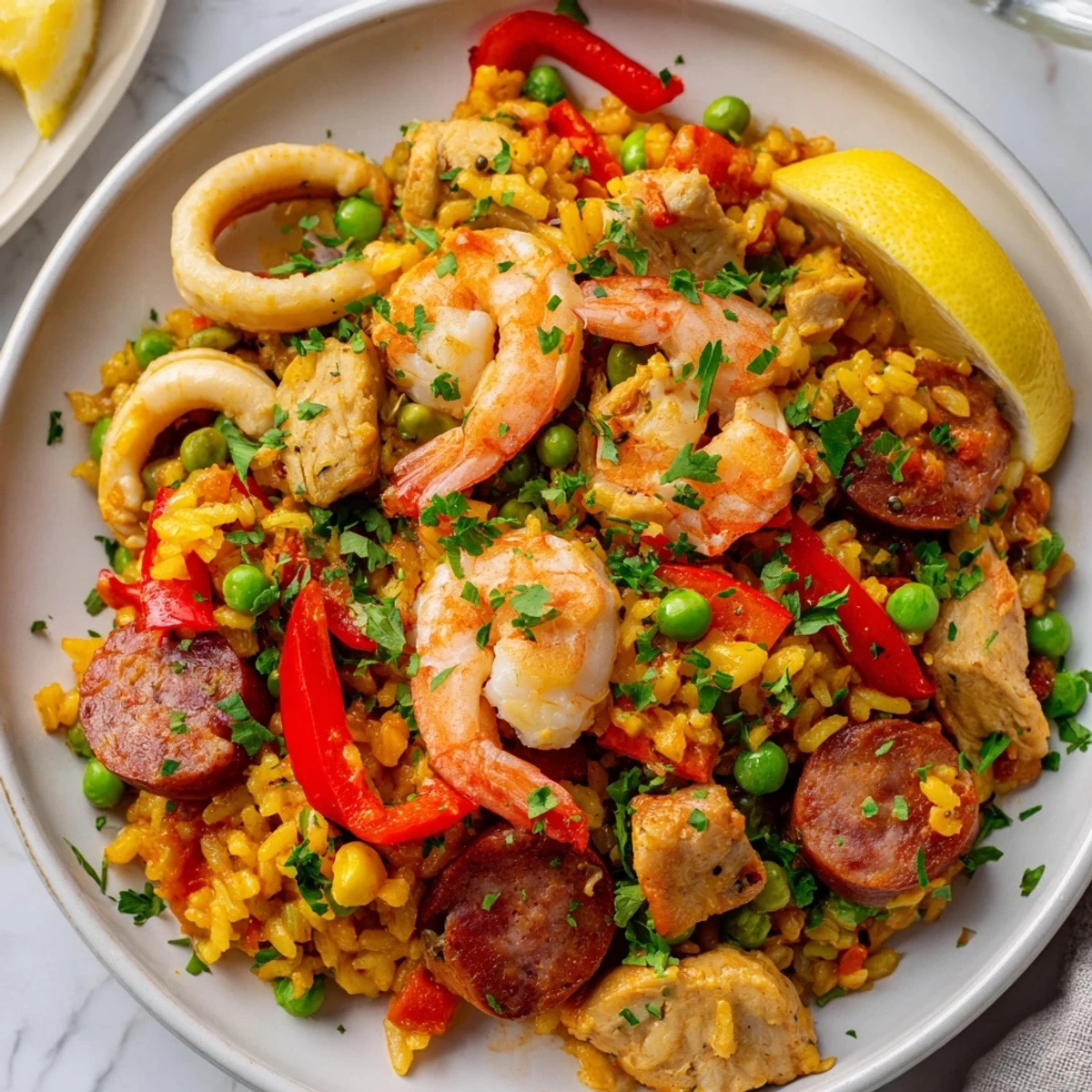 Golden-hued Paella Spanish Rice topped with fresh parsley and juicy lemon wedges.