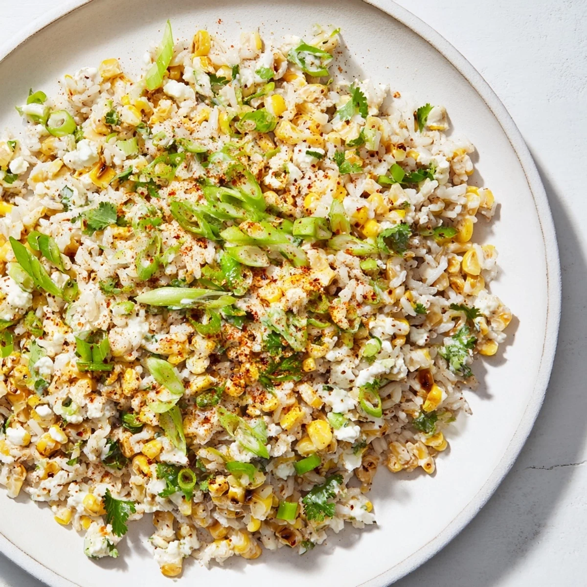 A bowl of flavorful Mexican Street Corn Rice with charred corn and creamy cotija.