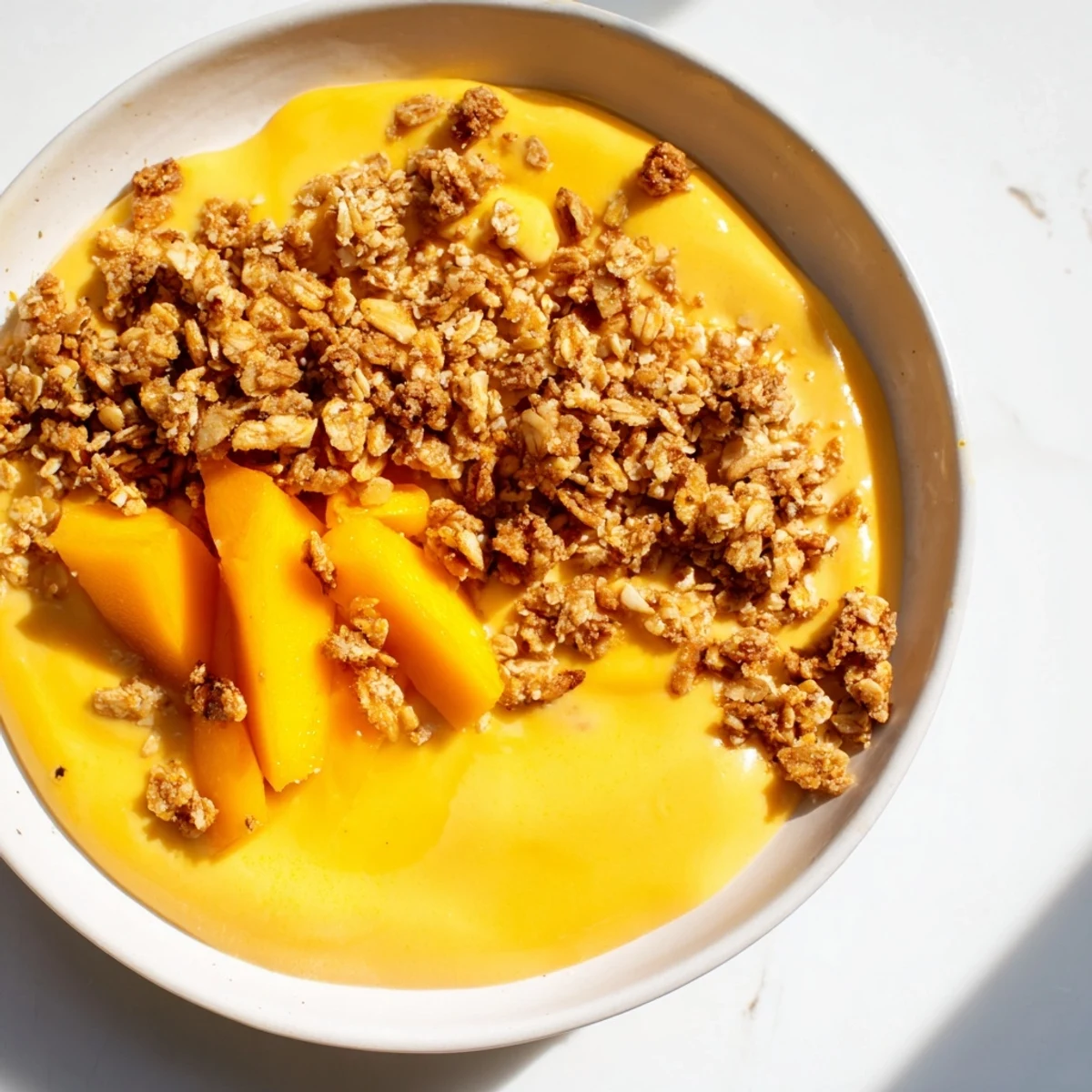 Cool, blended Mango Overnight Oats: a creamy, smooth breakfast bursting with tropical mango flavor.