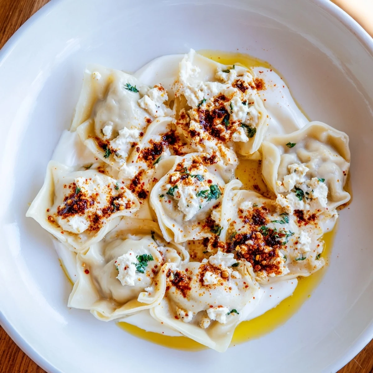 Golden, steaming Turkish Cheesy Manti dumplings, drizzled with spiced butter and creamy yogurt sauce.