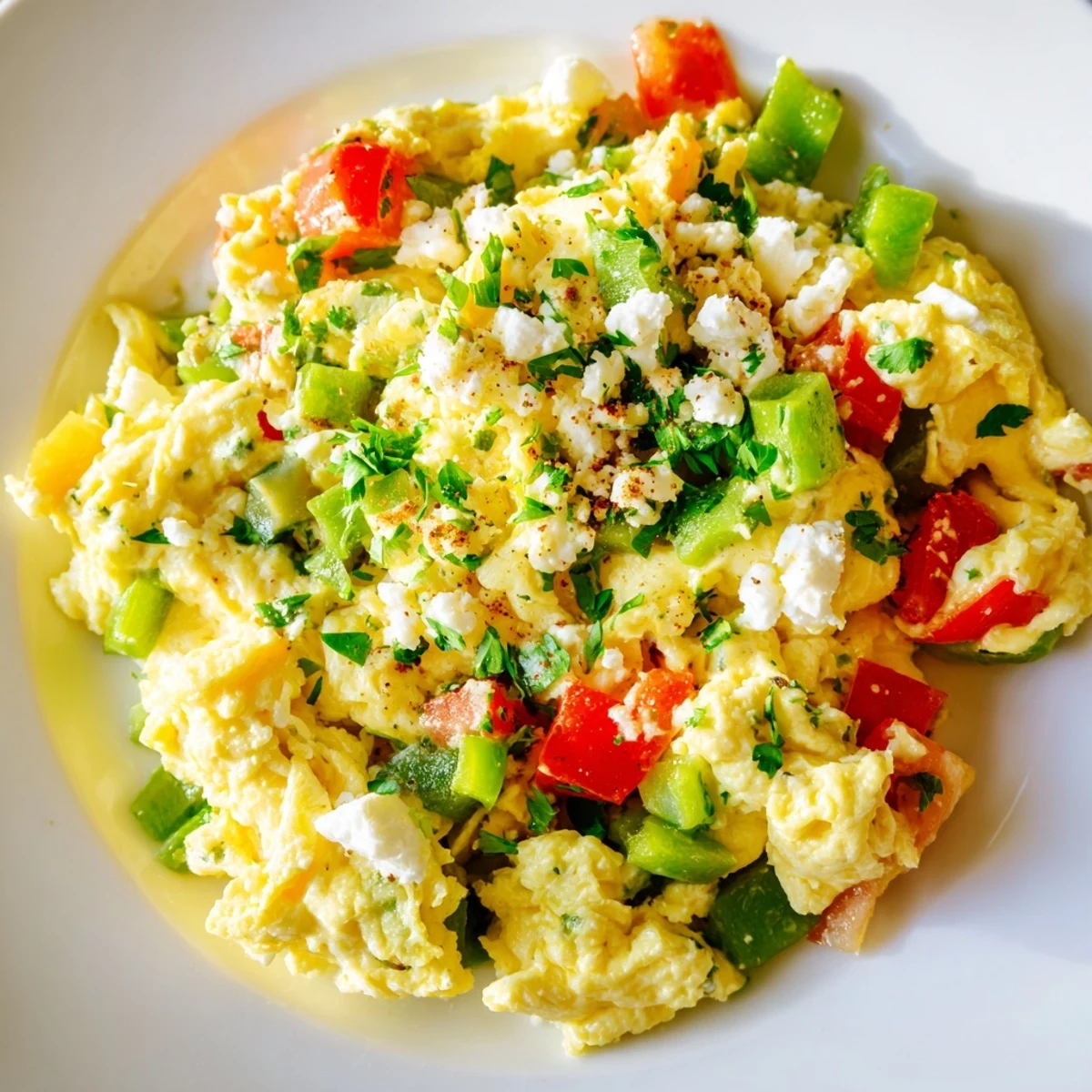 Vibrant photo of Turkish Menemen Scramble, a savory, luscious, tomato-based breakfast with fluffy eggs.