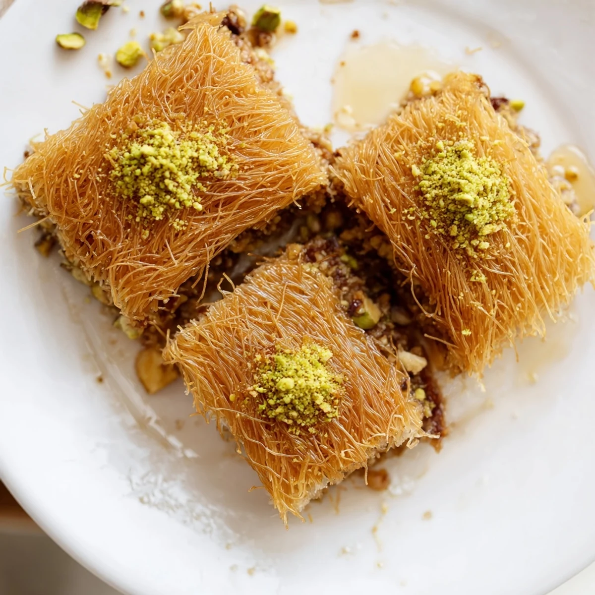 Aromatic Egyptian Konafa dessert ready to serve with golden, crispy kataifi and sweet honey syrup.