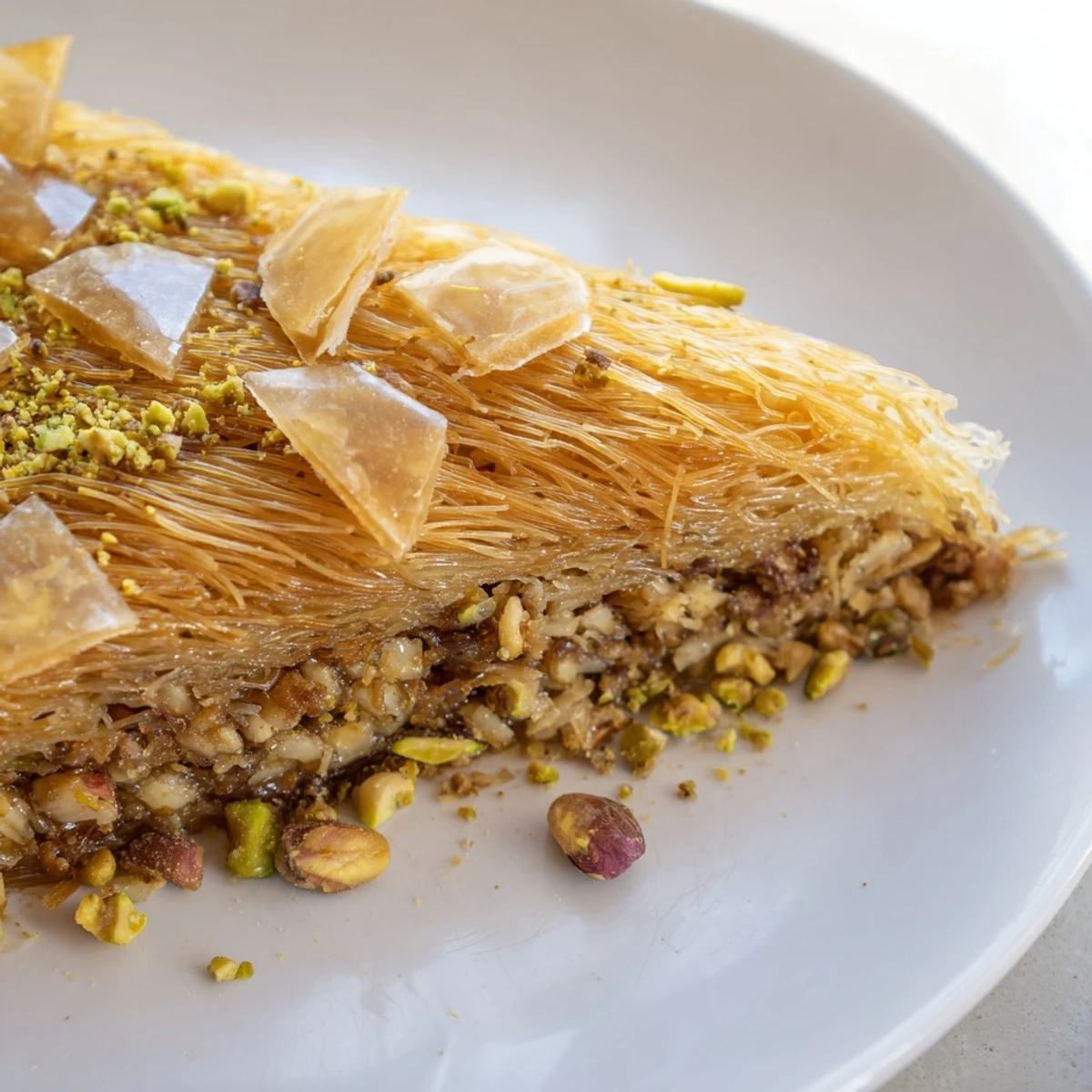 Close-up photo of a delicious Egyptian Konafa, showcasing layers of crispy pastry and nuts.