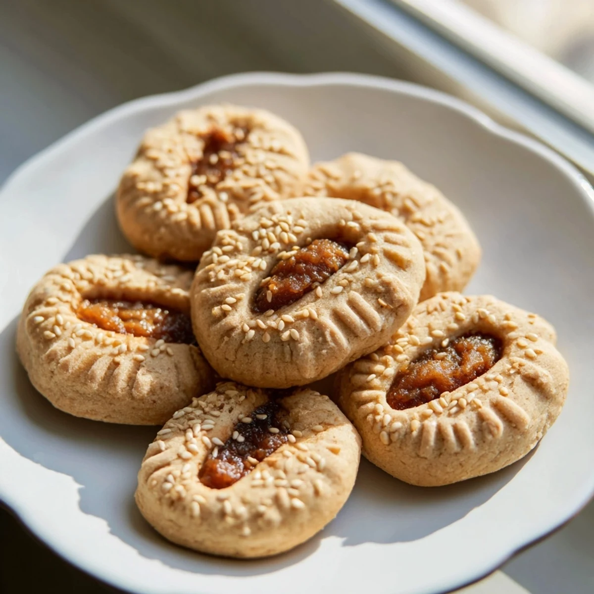 Close-up of freshly baked Palestinian Kahk cookies, each filled with sweet date paste, perfect for sharing.