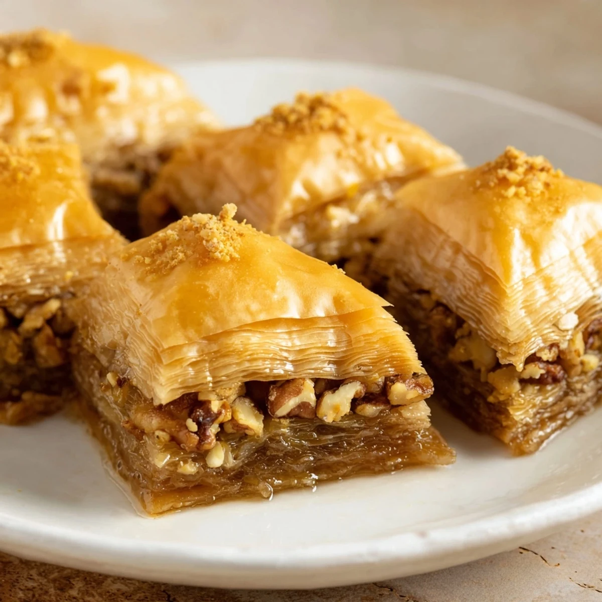 Golden, glistening Turkish baklava, layered with nuts and drizzled with fragrant honey syrup.