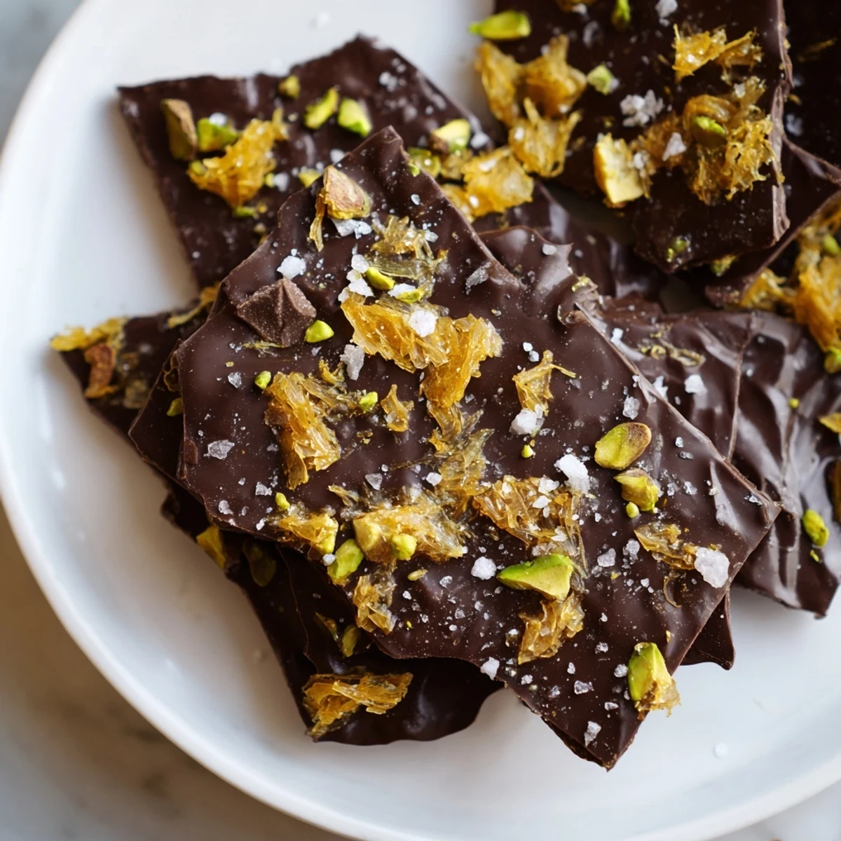 Crispy Kataifi Chocolate Crunch Bark with pistachios, ready to break and enjoy that satisfying crunch.