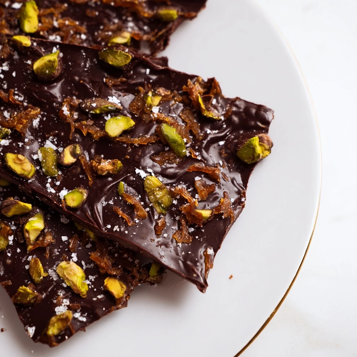 This photo features the beautiful Kataifi Chocolate Crunch Bark, sprinkled with sea salt and nuts.