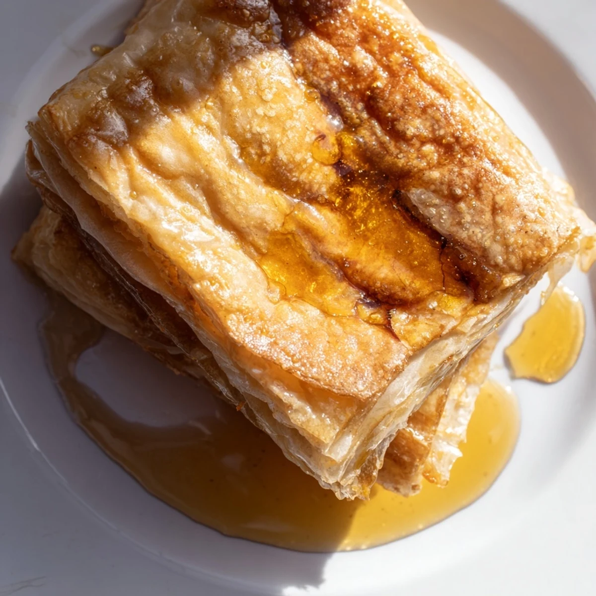 Golden-brown Moroccan Msemen pastry, warm from the skillet, ready to be drizzled with sweet honey.