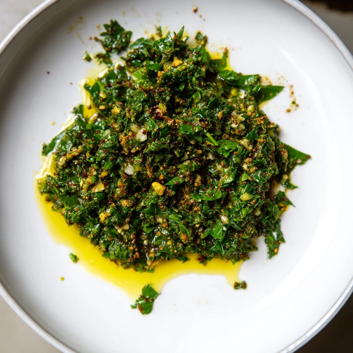 Close-up of freshly made Moroccan Chermoula Marinade, showcasing the bright colors and vibrant herbs.