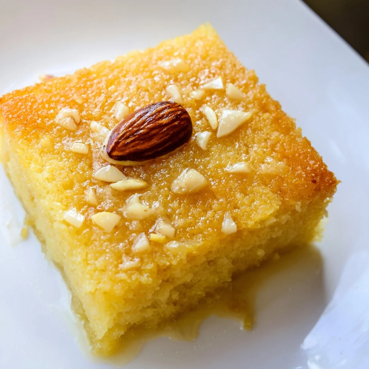 Golden-brown Egyptian Basbousa coconut cake, soaked in sweet syrup, ready to enjoy with a cup of tea.