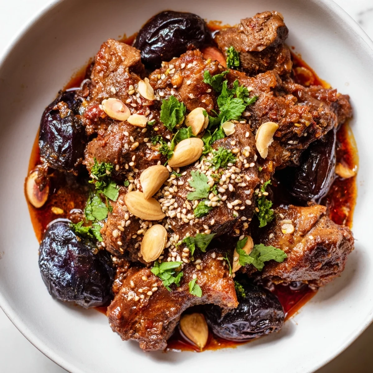 This photo shows a close-up of the delicious Moroccan lamb tagine with prunes and almonds.