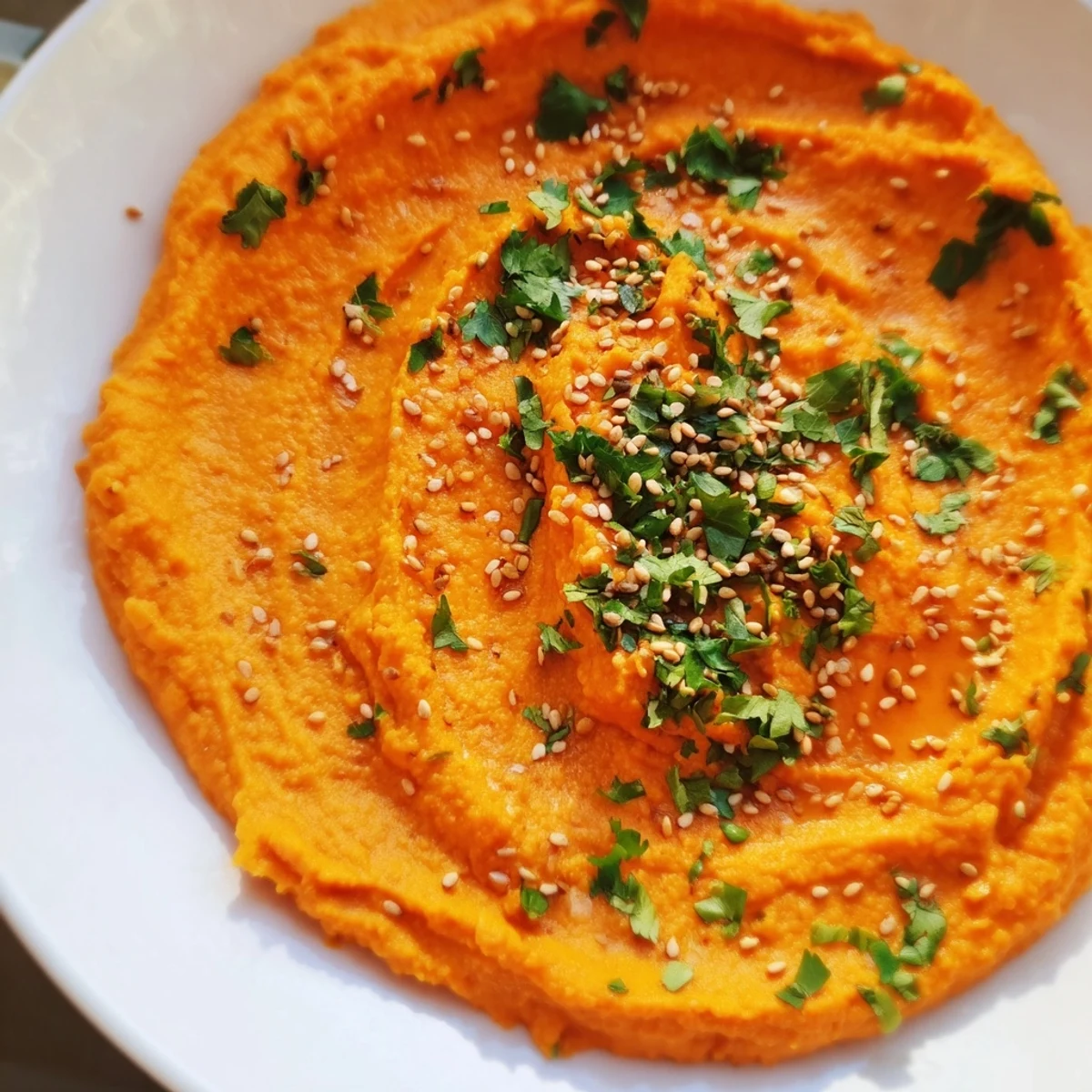 Creamy carrot ginger dip, ready to be served with fresh vegetables and pita chips for dipping.
