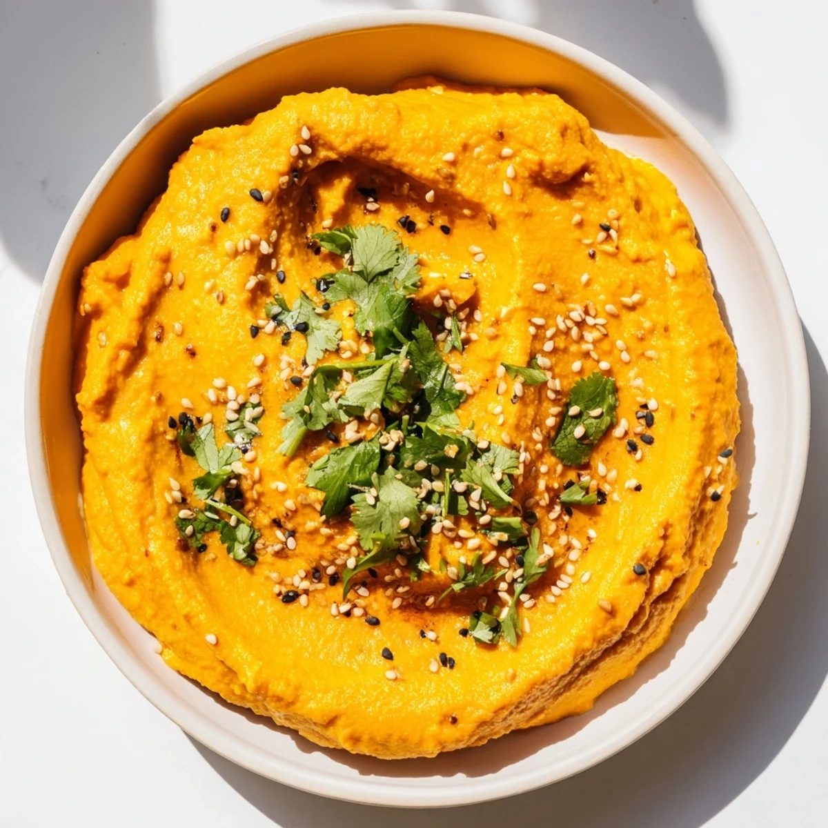 Enjoy a spoonful of flavorful carrot ginger dip with toasted sesame seeds, making a healthy snack.