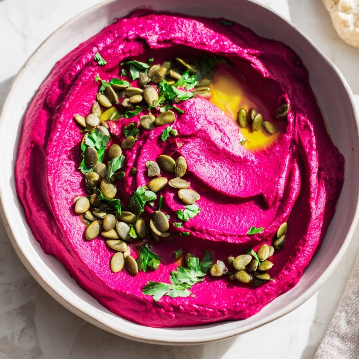Creamy beet hummus swirls in a bowl, a vibrant appetizer perfect for dipping and spreading.