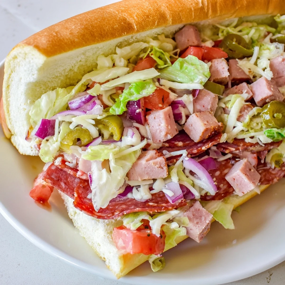 This delicious Chopped Italian Grinder sandwich features a toasted roll filled with flavorful Italian ingredients.