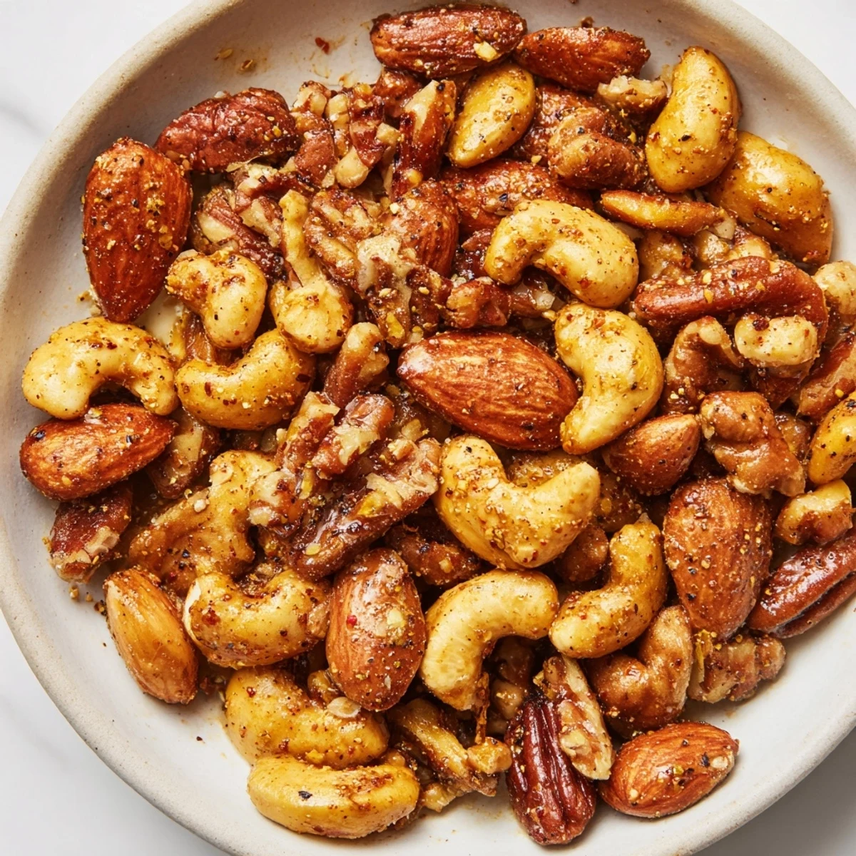 Crunchy spiced nuts mix glistening from the oven, ready for snacking or holiday entertaining.