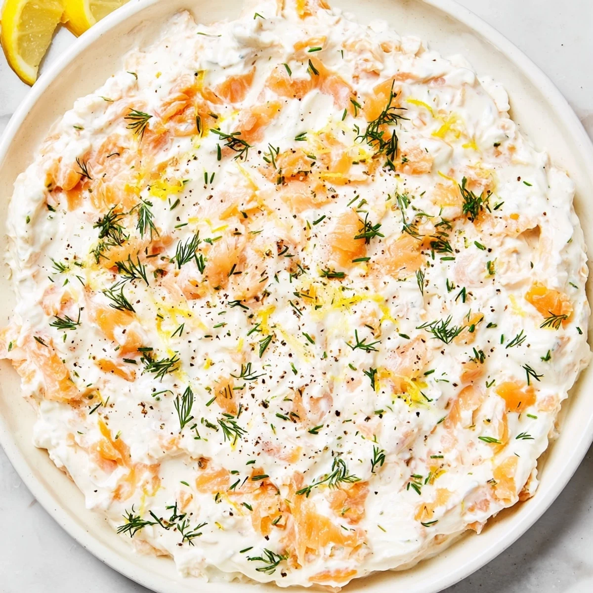 Creamy smoked salmon dip, garnished with fresh dill and lemon wedges, ready to serve.