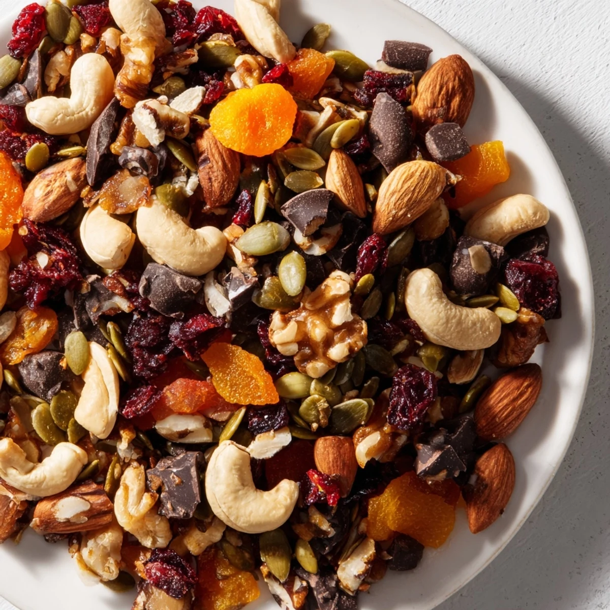 Close-up of freshly made trail mix, a mix of dried fruits and nuts for easy snacking.