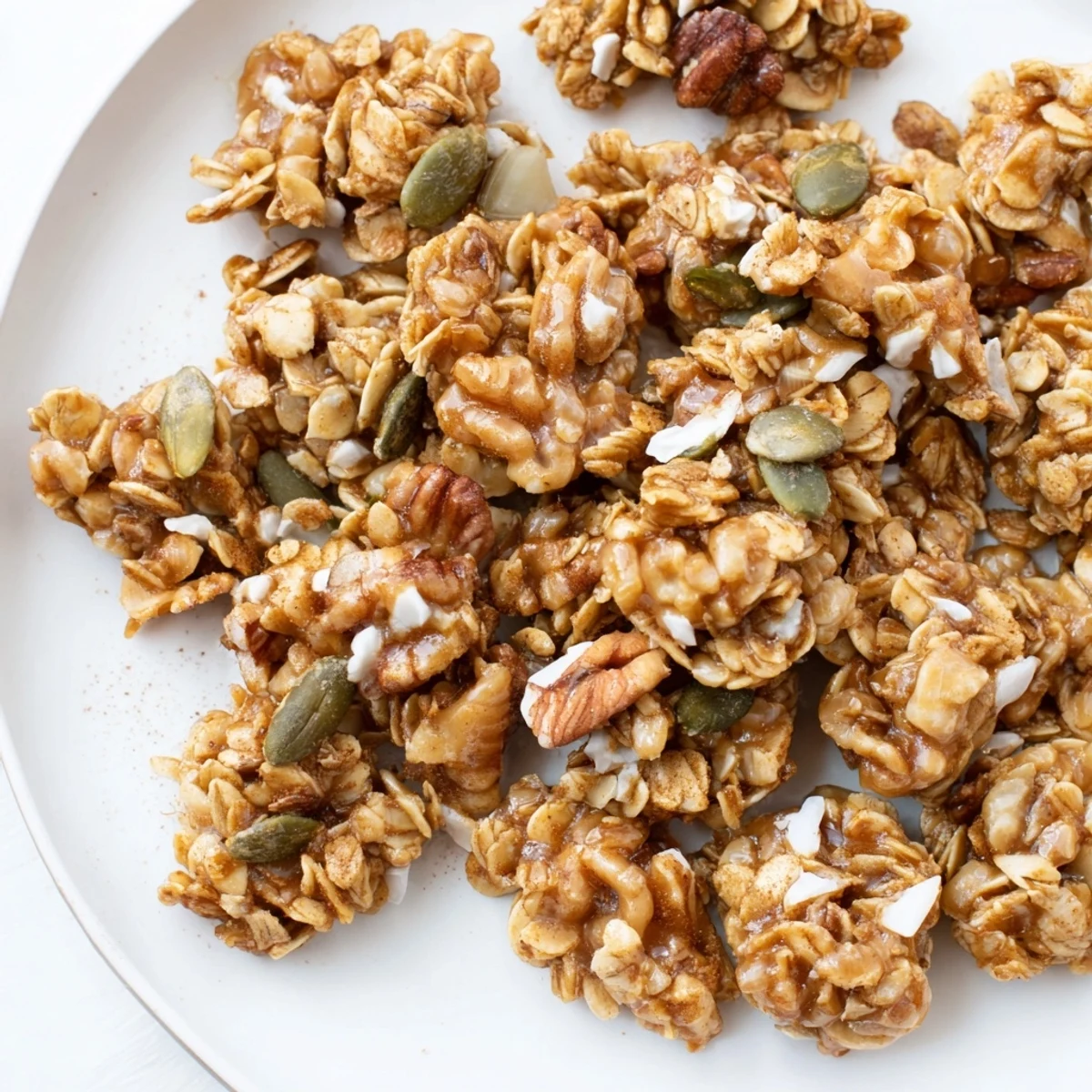 Golden, crunchy homemade Granola Clusters: a close-up of oats and nuts ready to eat.