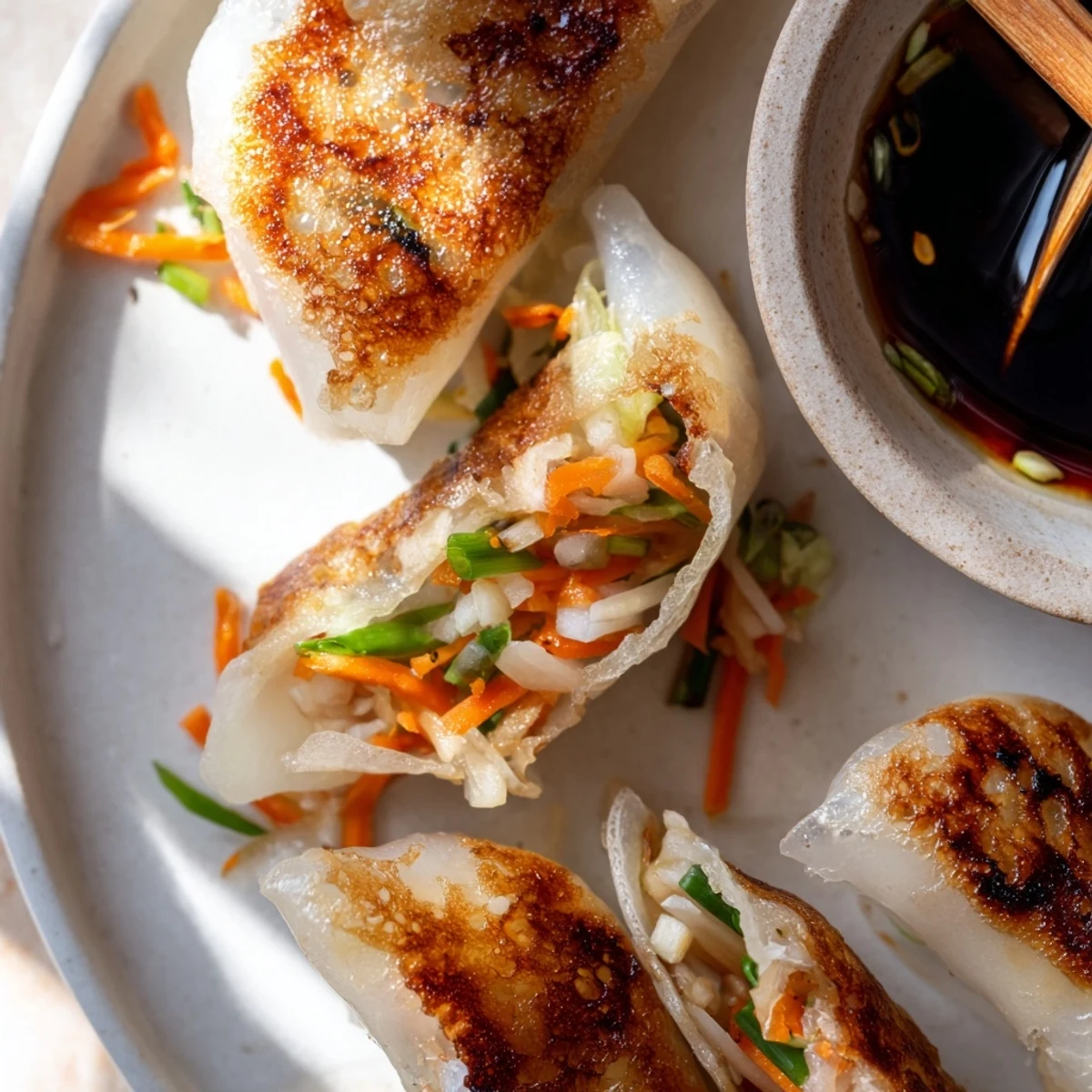 Golden-brown crispy rice paper dumplings, filled and ready to be dipped into the savory sauce.