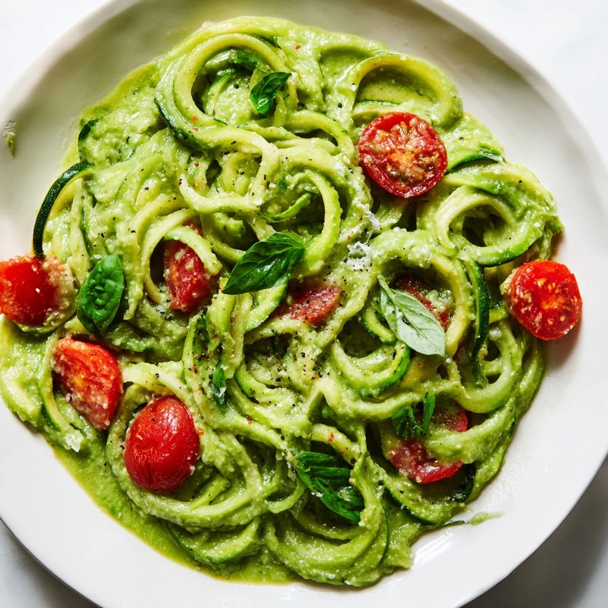 Vibrant avocado pesto zoodles, a healthy vegetarian meal, with bright red cherry tomatoes.