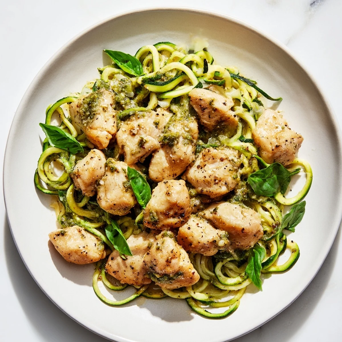 A bowl of vibrant Pesto Zucchini Chicken Bowl, featuring tender chicken and fresh pesto flavors.
