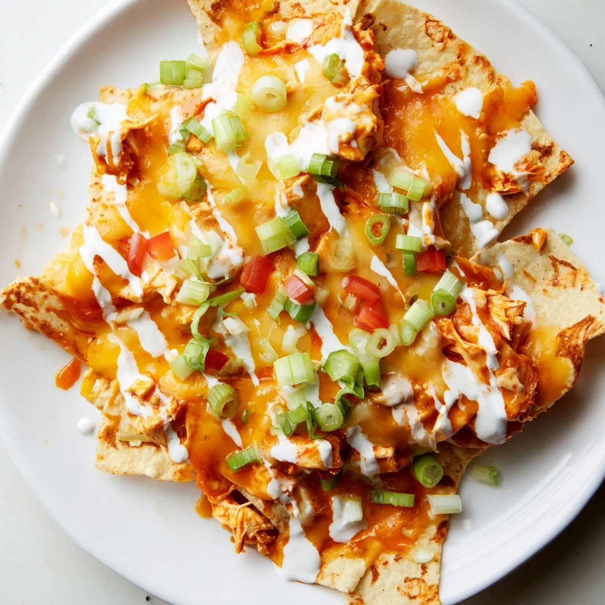 Spicy buffalo chicken nachos with melted cheese and fresh toppings, ready to eat.