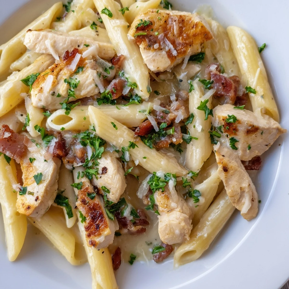 Delicious Creamy Chicken Bacon Penne, showing the tender chicken and perfectly cooked pasta with bacon bits.