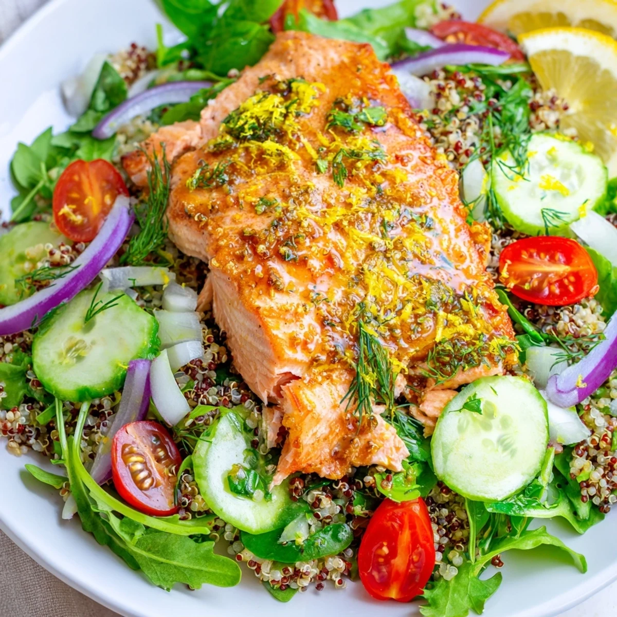Flaky lemon herb salmon salad served over vibrant greens, tossed with a citrus vinaigrette for a refreshing meal.