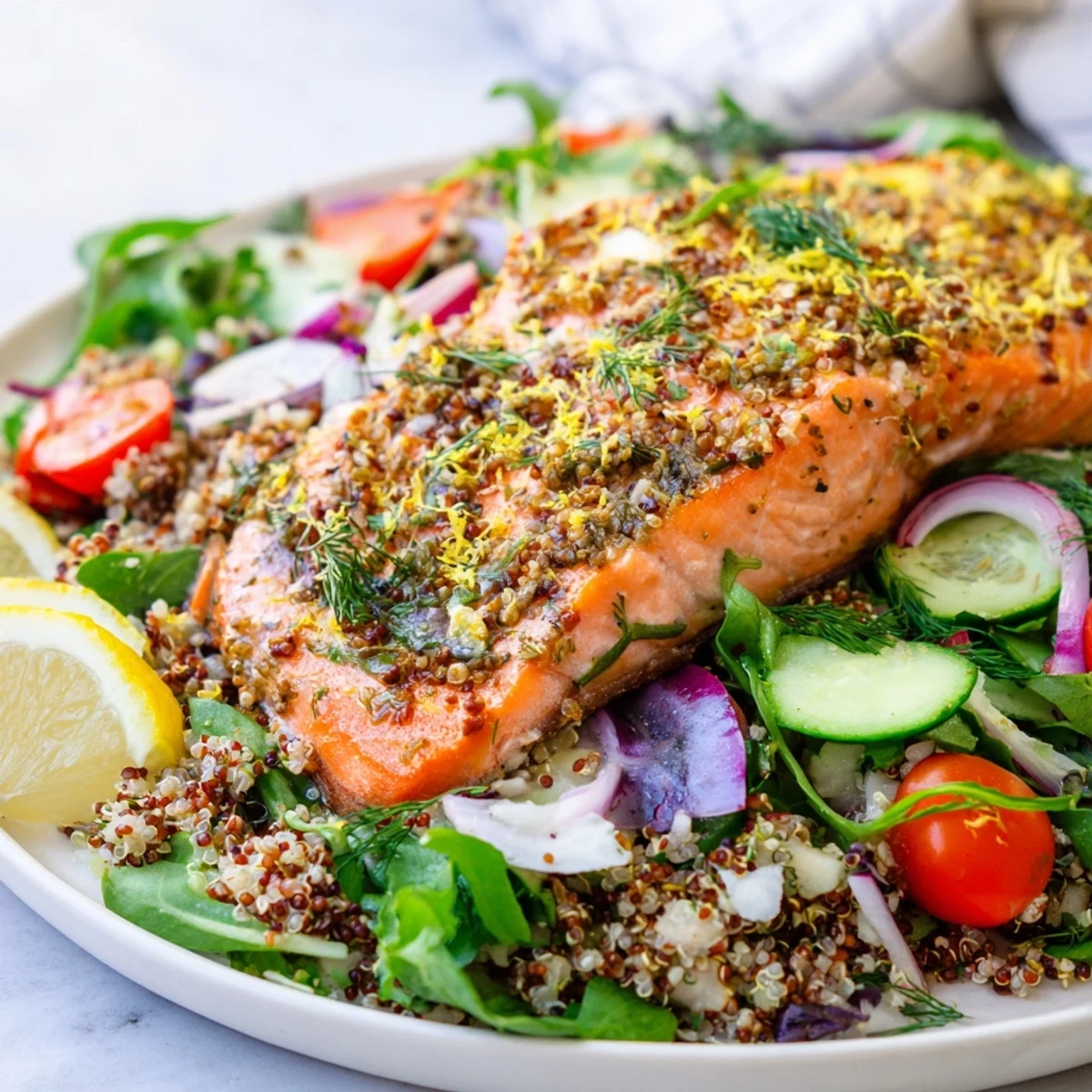 Close-up of a delightful lemon herb salmon salad, showcasing the moist salmon atop a bed of fresh herbs.