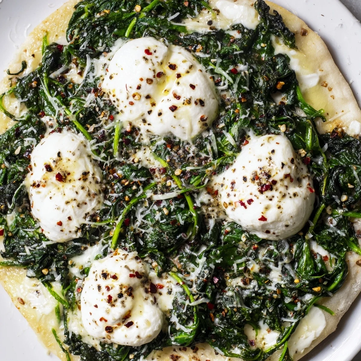 A thin-crust Spinach Ricotta Pizza, bubbling with melted mozzarella and fresh, sautéed spinach.