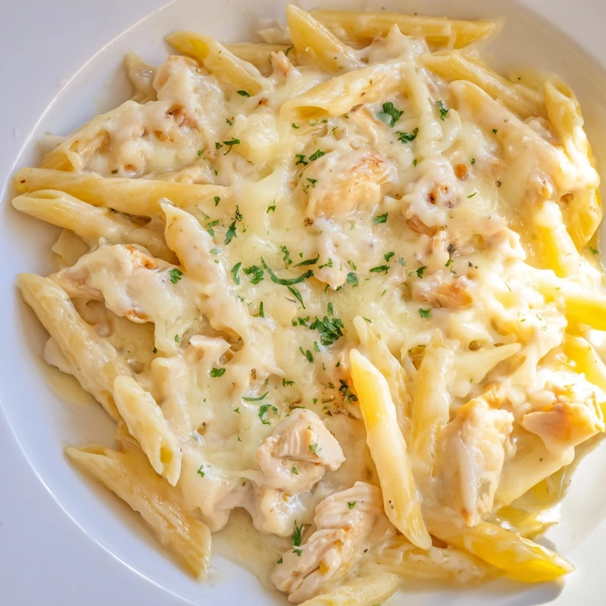 Creamy Chicken Alfredo Casserole, bubbly and golden from the oven, ready for serving.